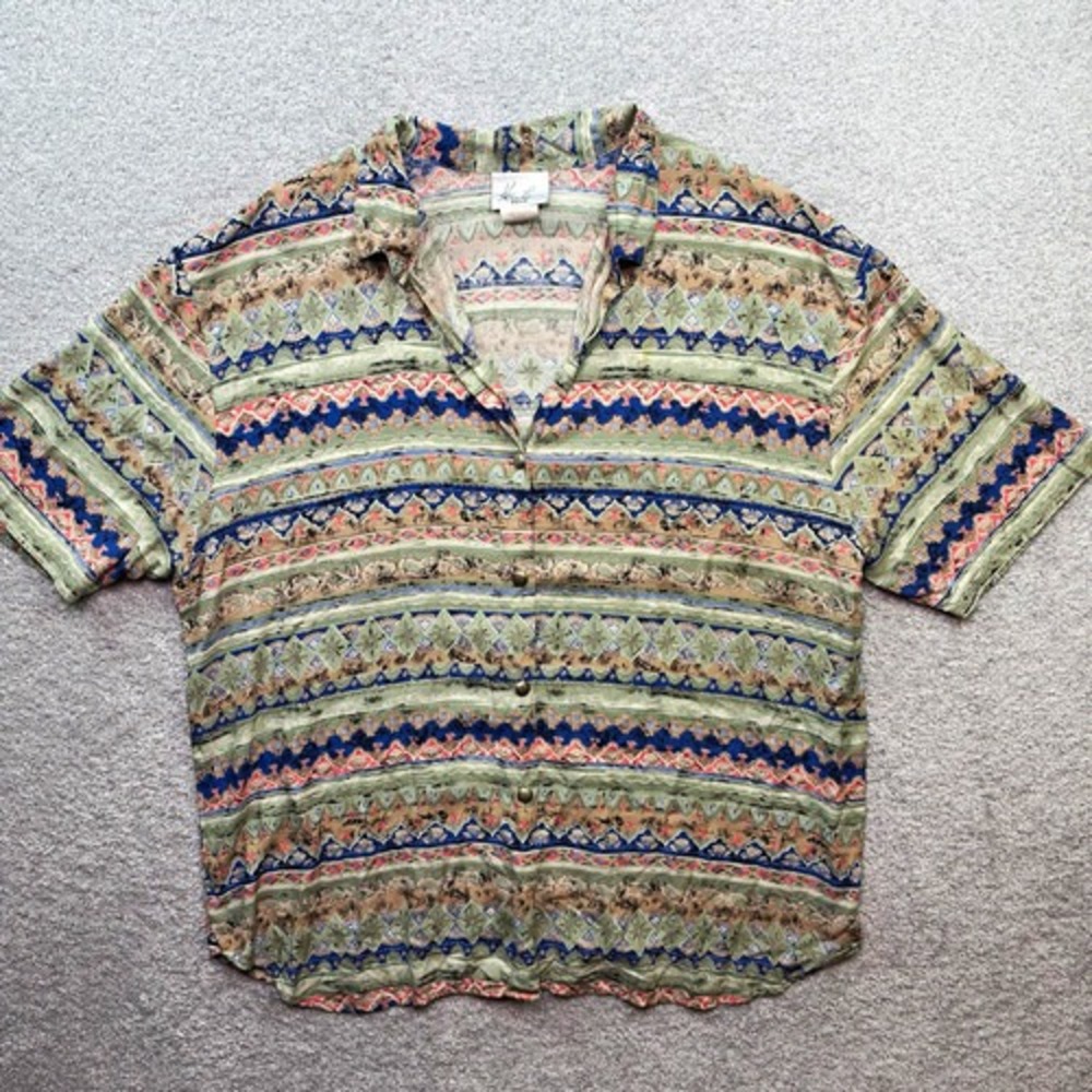 Kathie Lee Plus Blouse Womens 26W Paisley Rayon Short Sleeve Button Up USA Made